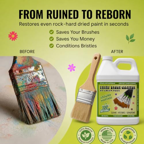 Image of Green Piece Paint Brush Cleaner & Restorer - 100% Natural, Non-Toxic Formula - Made in USA - Cleans Wet or Dry Paint - Safe for Hands - Works on Acrylic, Latex, Oil & Shellac - 64 Oz (Half Gallon)