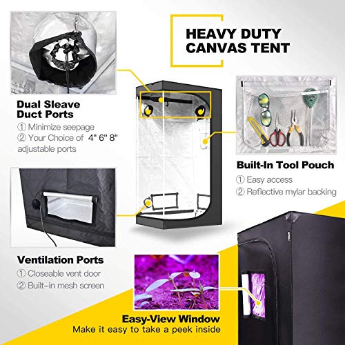 Ipower 20" X 36" X 62" Waterproof Grow Tent And 2-Pair 1/8 Inch 8-Feet Adjustable Rope Clip Hanger Combo Set For Indoor Gardening, Black #TOP1