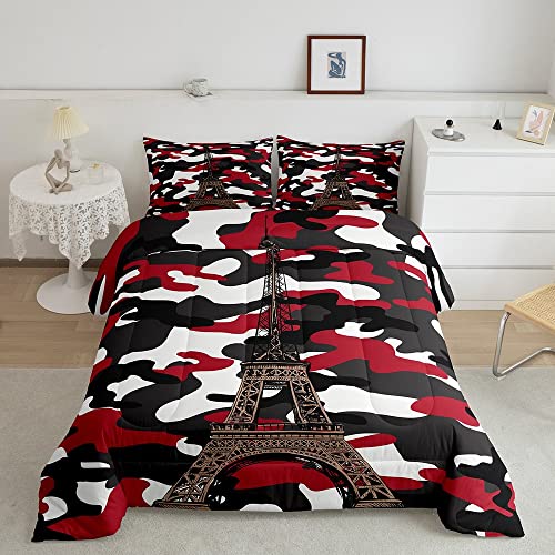 Eiffel Tower Comforter Set Queen for Girls Kids France Paris Bedroom Bedding Set Red Black Camo Duvet Insert Teens Boys Couple Travel Quilt Duvet Camouflage Decor Down Comforter Soft Warm Co