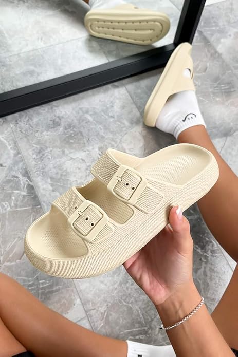 Image of Women Adjustable Open Toe Slide Sandals Classic Ultra Soft EVA Footbed Summer Designed to Fit Flat Buckle Sliders for Women & Girls