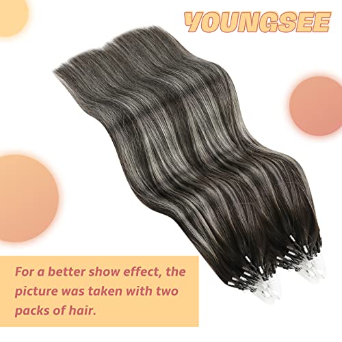 YoungSee Micro Loop Hair Extensions Black 18 inch Remy Micro Beads Hair Extensions Ombre Black to Silver Microrings Hair Extension Silver for Role Playing Cold Fusion 50s/50g - Image 2