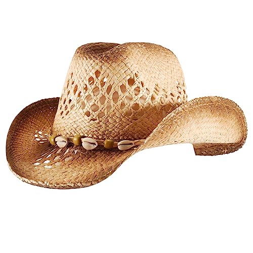 Image of Men's Cowboy Hats Summer Women Beach Cowgirl Hat Raffia Unisex Western Sun Hat