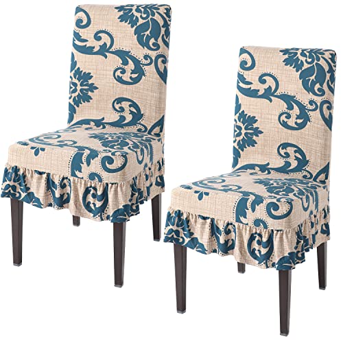Image of HOKIPO Dining Chair Frill Protector Cover Set of 2 Elastic Slip Covers (AR-4074-D6*2),Beige