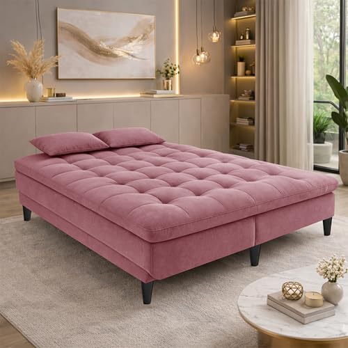 Image of Modern 3 Seater Sofa Cum Bed | Tufted Backrest | Velevt Fabric Upholstery | Living Room Furniture-Rose Pink