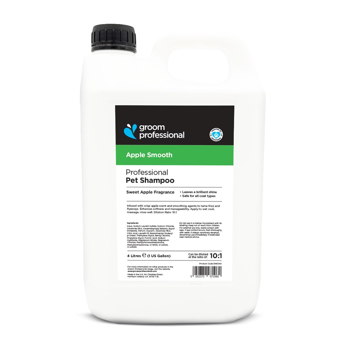 Groom Professional Apple Smooth Shampooing pour chien (4 L) – Taille salon 10 : 1 concentré à l'extrait de pomme, nettoyage et entretien en profondeur, pelage brillant, parfum frais, fabrication