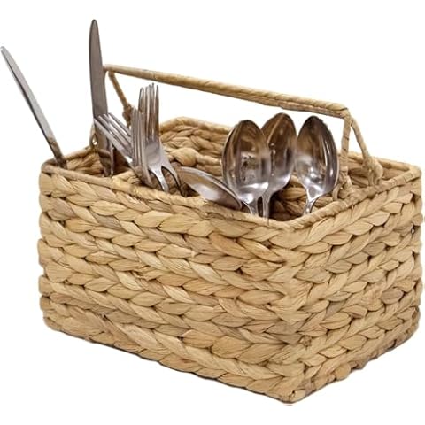 MadeTerra S Large Wicker Utensil Caddy Carrier | Water hyacinth Woven Condiment Holder for Table - Kitchen Set Counter Top Organizer - Rustic Small Storage for Dinner Set, Wine Cover