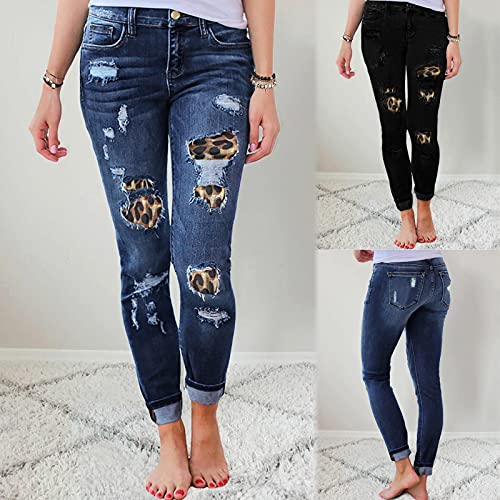 Kcocoo Women's Mid Waist Skinny Stretch Leopard Ripped Jeans Destroyed Denim Pants Rolled Hem Distressed Boyfriends Jeans(Blue,Xl) #TOP1