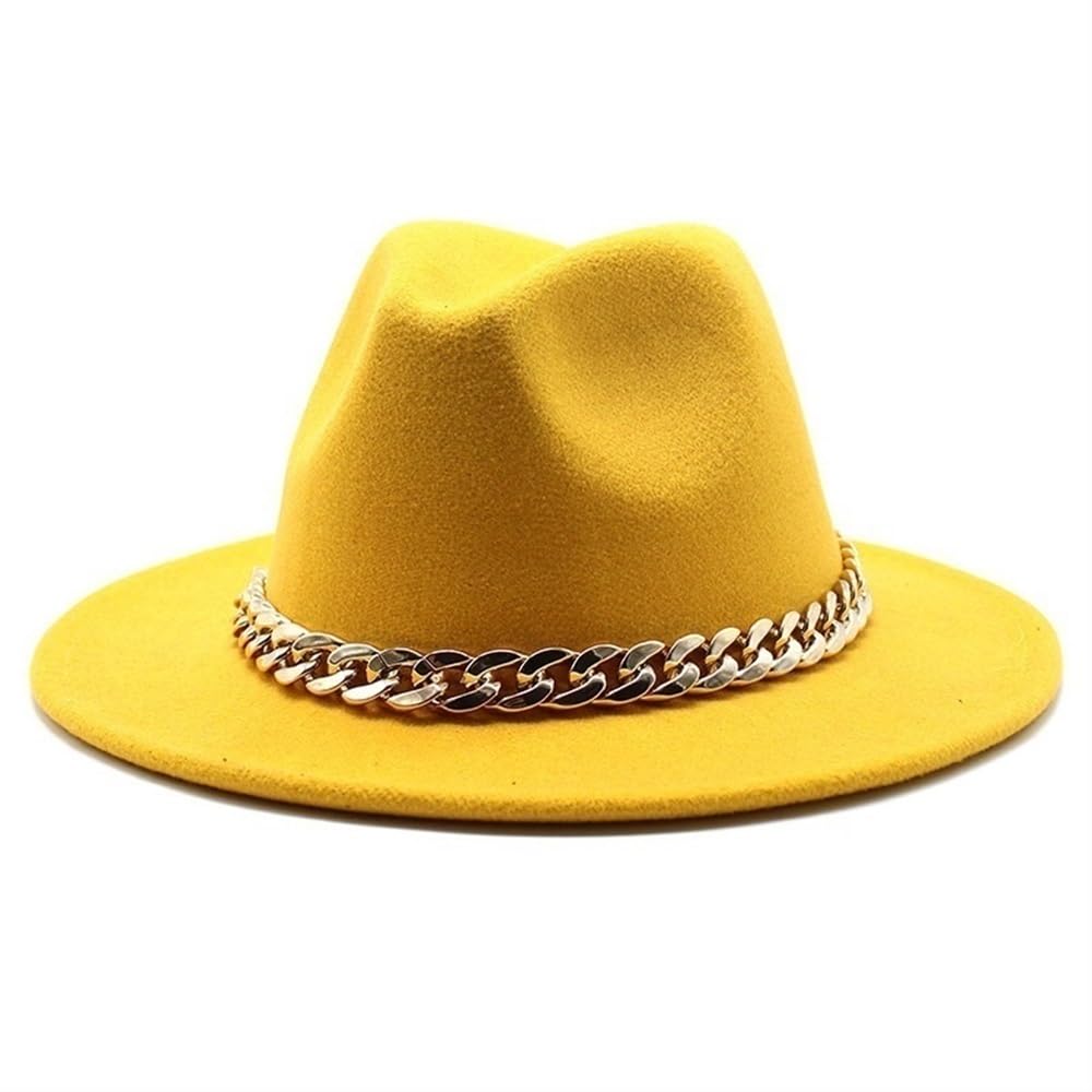 RZL Chapeau melon à large bord simple église Derby chapeau haut-de-forme avec chaîne dorée Chapeau Fedoras en feutre Panama (beige)