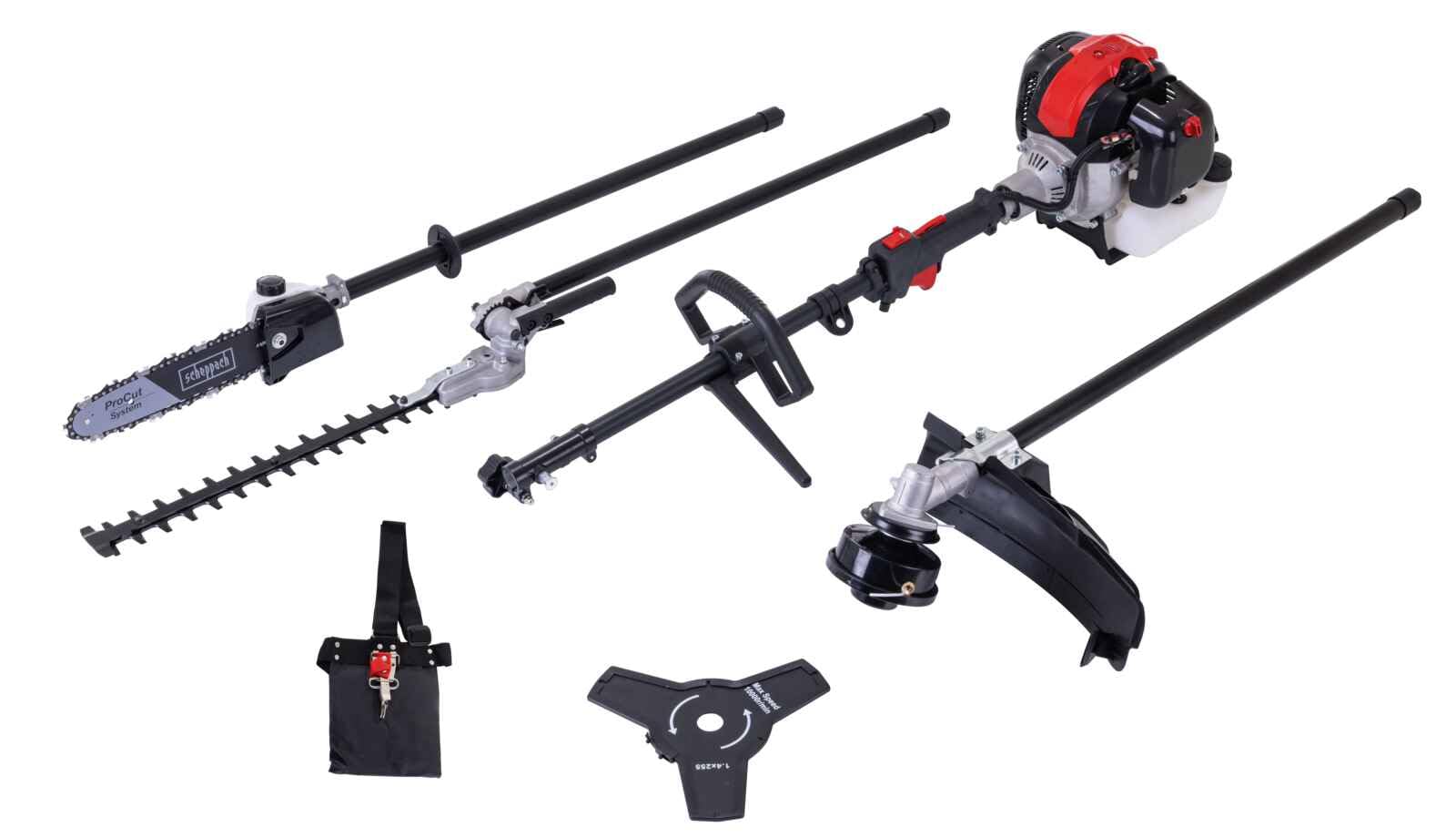 Scheppach Outil 4 en 1 Multifonction PMT520 - Moteur 2 Temps - 52 cm3-1.9 CV - débroussailleuse, Coupe-Bordures, Taille-Haies et élagueuse - système Anti-Vibration