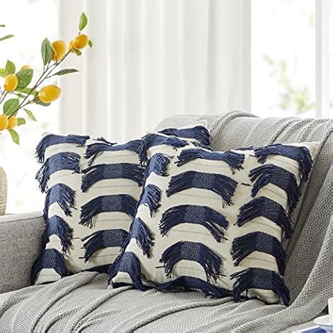 Decorative Throw Pillow Covers 18x18,Set of 2 ,Navy Boho Farmhouse Cotton Linen Pillow Covers for Sofa Couch Square Pillow Cushion Case Cover
