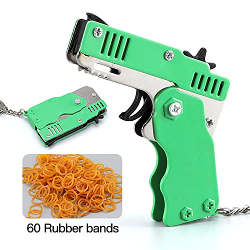 Rubber Band Gun Cool Keychain Rubber Band Toy Metal Burst Collapsible Rubber Launcher Toy With 60 Elastic Rubber Children's Toy For Kids (Green) #TOP2