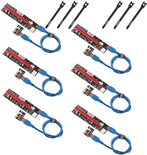Ziyituod PCIe Riser,VER103C 6 Pack GPU Riser Express Kits 16X to 1X (6PIN / MOLEX/SATA) with Led Graphics Extension, Gpu Riser Card- Ethereum Mining ETH,with 60cm USB 3.0 Cable