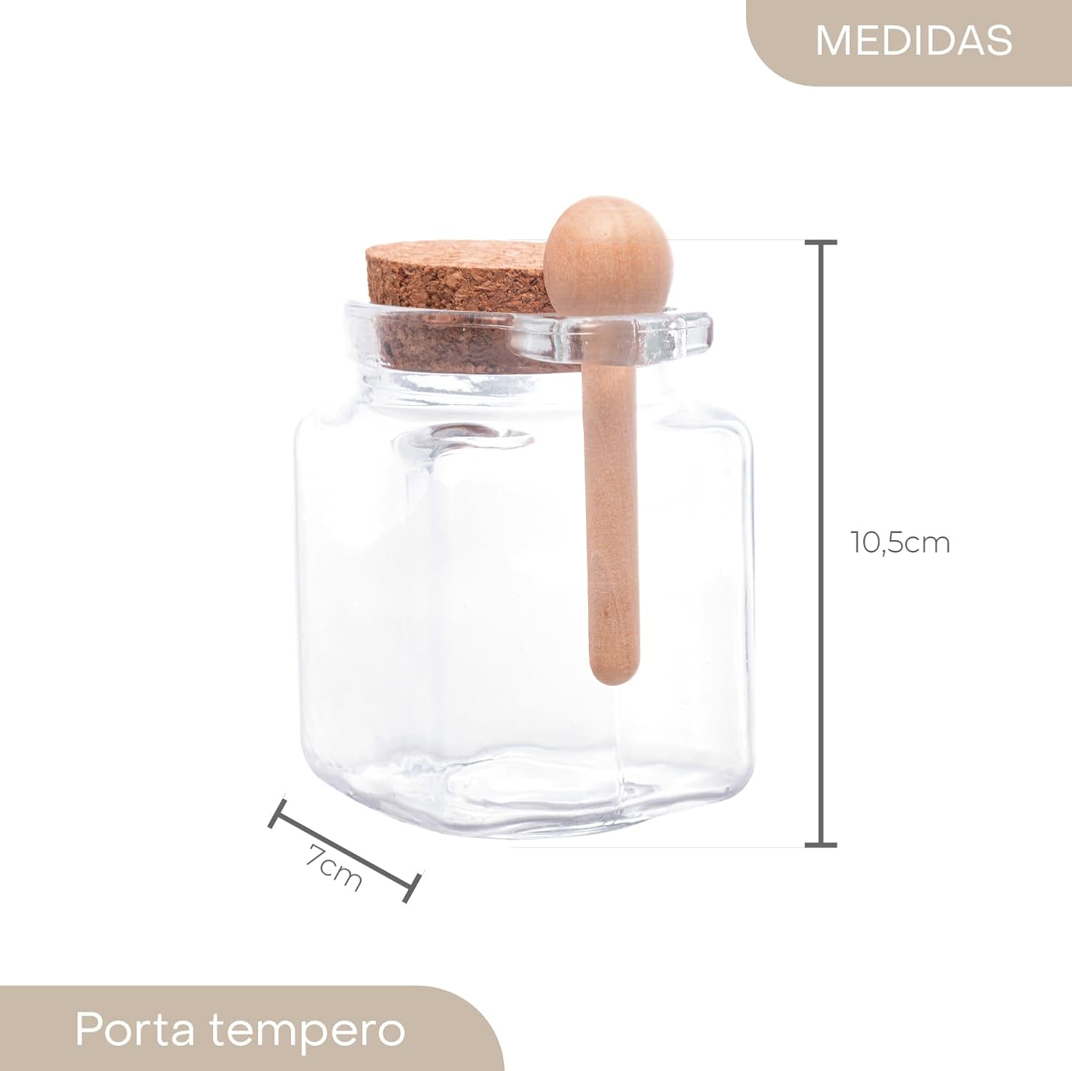 LYOR - Porta Tempero Quadrado de Vidro com Colher de Bambu e Tampa Rolha 310ml