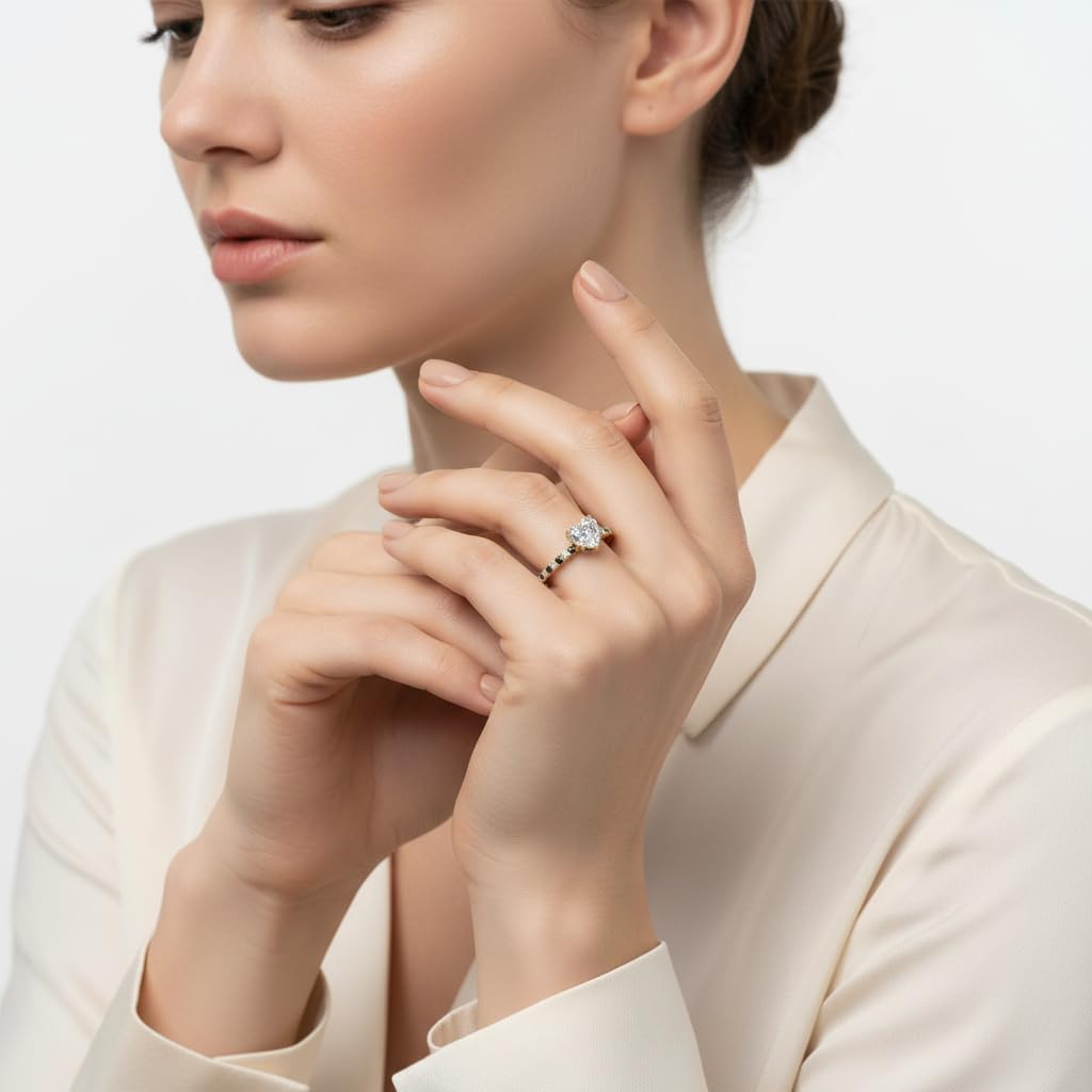 Choose Your Gemstone Hidden Halo Petite Diamond CZ Ring Yellow Gold Plated Heart Shape Halo Engagement Rings Matching Jewelry Wedding Jewelry Easy to Wear Gifts US Size 4 to 12