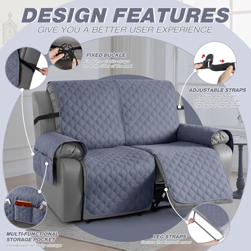 Image of TAOCOCO 100% Waterproof Recliner Covers, Recliner Sofa Covers with Leg Straps, Reversible Recliner Couch Cover for Reclining Chair, Washable Couch Protector for Pets Kids(2 Seater, Bluish Gray)
