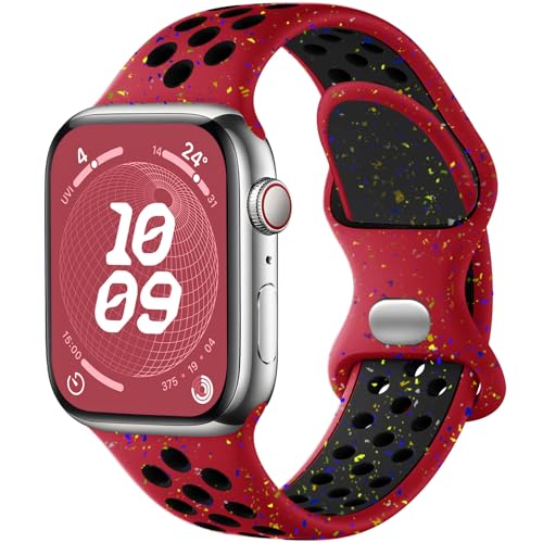 Upeak Sport Strap Compatible with Apple Watch Strap 45mm 44mm 42mm 49mm, Breathable Recycled Silicone Colorful Flakes Band, for iWatch Strap Ultra 2 SE Series 9 8 7 6 5 4 3 2 1, L, Red/Black