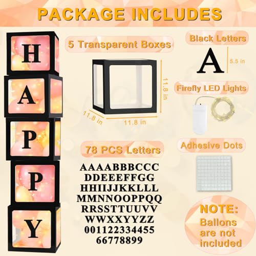 Ledido Transparent Balloon Boxes, Clear Balloon Boxes with 5 Pcs String Lights and 78 Letters for Baby Shower Gender Reveal Grad Birthday Party Anniversary Bridal Wedding Decor - 5 Black Boxes - Image 5