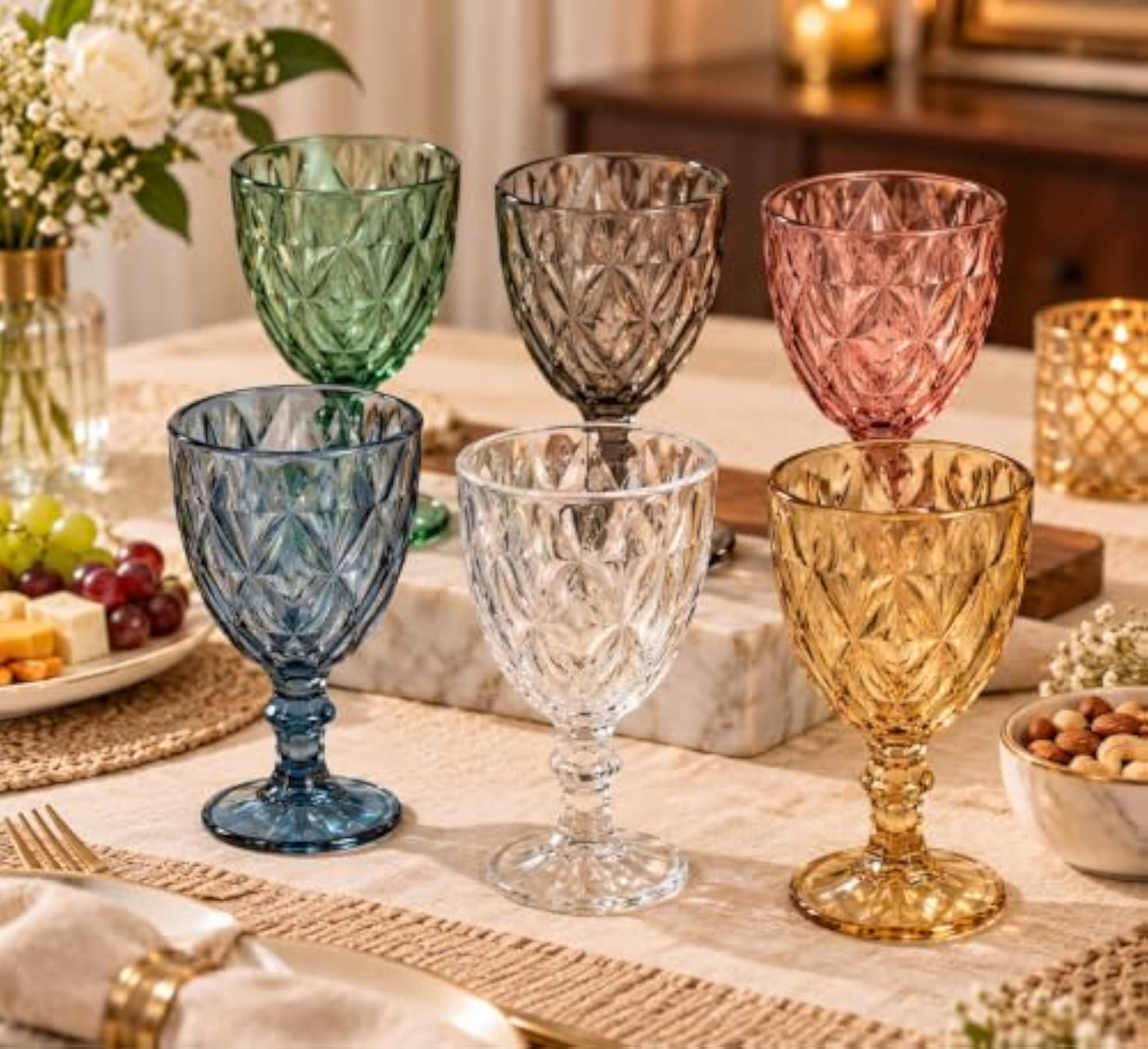 Set of 6 Decorative Embossed Multicolor Wine Glasses