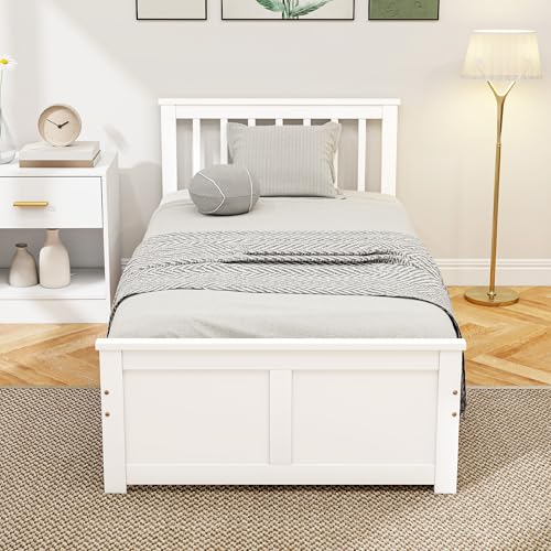 HOMCOM Cadre de Lit 90x190cm en Bois Massif, Lit Coffre avec 2 Tiroirs sur roulettes, Tête de Lit, Pied de Lit, Sommier à Lattes, sans Bruit, Blanc