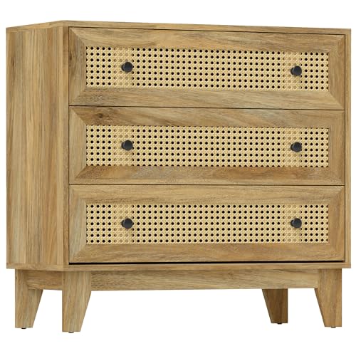 HOMCOM Commode 3 tiroirs Meuble de Rangement cannage en rotin 80 x 35 x 76 cm Aspect Bois Clair