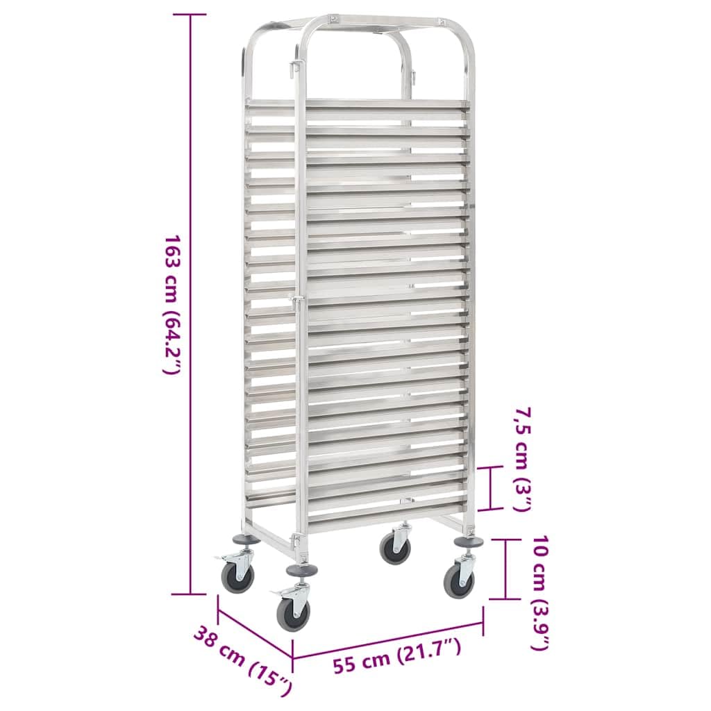Carrello per vassoi in acciaio inox per 16 vassoi, 38 x 55 x 163 cm, 4 ruote girevoli con freni, carrello da cucina per gastronomia, conservazione e trasporto in ordine