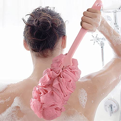 QYCX 3 Pcs Bath Brushes-Shower Ball Mesh Pouf Back Scrubber Loofah with Long Handle, Shower Rubbing Brush, Body Brush for Men and Women, Shower Sponges Back Brush for Adults Teens (Pink, White and Blue) - Image 3