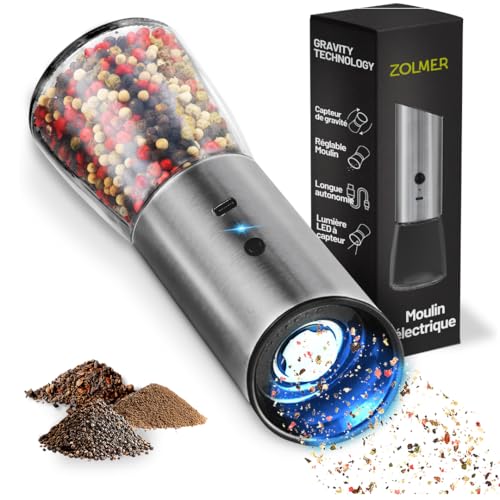 Zolmer Lot de 2 moulins à sel et poivre électriques - Avec batteries rechargeables - Degré de mouture réglable pour épices, sel et poivre - Moulins à épices robustes et compacts