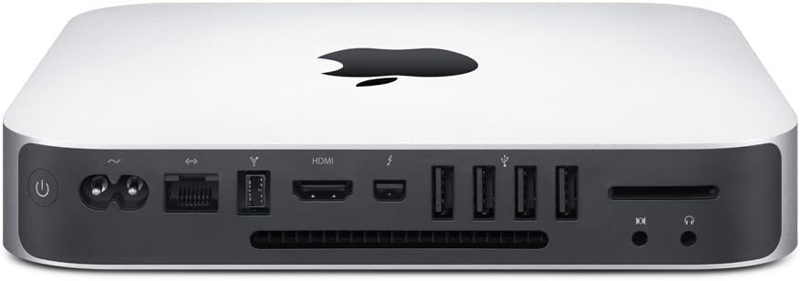 Rear view of the Apple Mac Mini MC815LL/A showing all available ports: power input, Ethernet, Thunderbolt, HDMI, four USB ports, SDXC card slot, and audio input/output jacks.