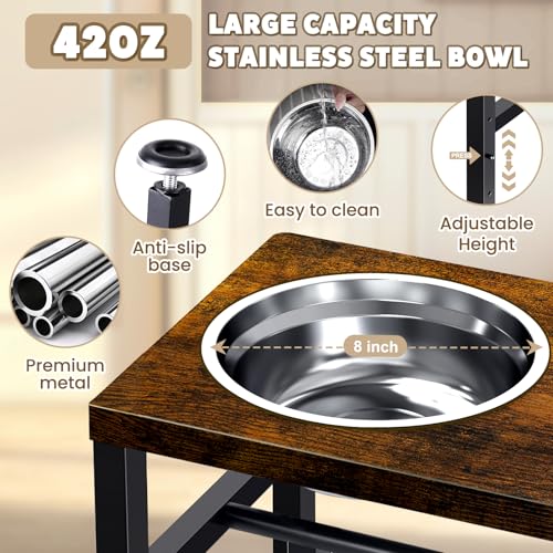 Elevated Dog Bowls, 3 Height Adjustable Raised Dog Water Food Bowl Wooden Metal Stand, 42OZ-Stainless Steel Bowls for Medium Small Dogs - Image 4
