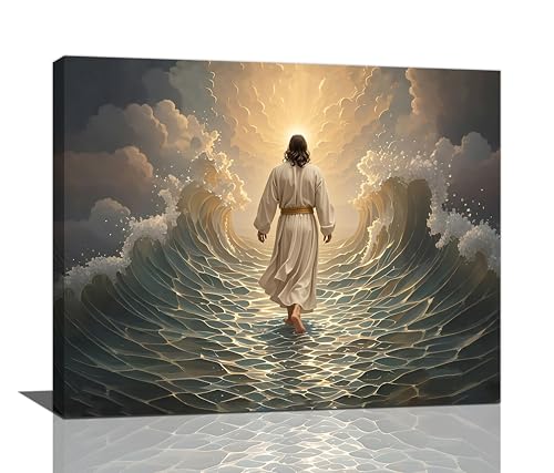 Jesus Walking on Water Wall Art Jesus Christian Spiritual Wall Decor Pictures Bible Story Canvas Prints Painting God Faith Artwork Decoration for Bathroom Bedroom Living Room Framed Gifts 16"x20"