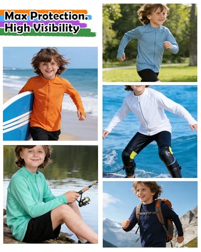 Image of Roadbox UPF 50+ Boys Zip Up Rash Guard Kids Long Sleeve Swim Shirt