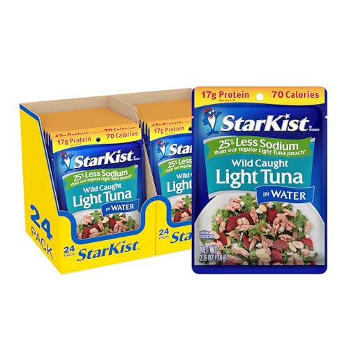 StarKist Light Tuna in Water 25% Less Sodium Pouch (2.6 oz - 24 Pack) Ready to Eat, Wild Caught, 17g Protein Per Serving, Shelf Stable Seafood, Gluten Free, Soy Free, No Draining for Salads and Sandwiches