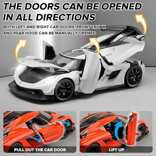 Image of 1:32 Scale Koenigsegg Jesko Model Super Car - Exclusive Alloy Metal Pullback Toy with Openable Doors, Lights, and Music for Kids (White)