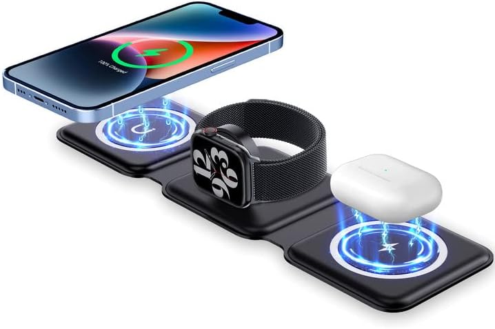 Volantech Wireless Charger,3 in 1 Foldable Magnetic Wireless Charging Station,Fast Wireless Charging Pad for iPhone 14/13/12/11/Pro/Max/XS/XR/XS/X, iWatch 7/6/5/4/3/2,Airpods Pro/3/2 and Others