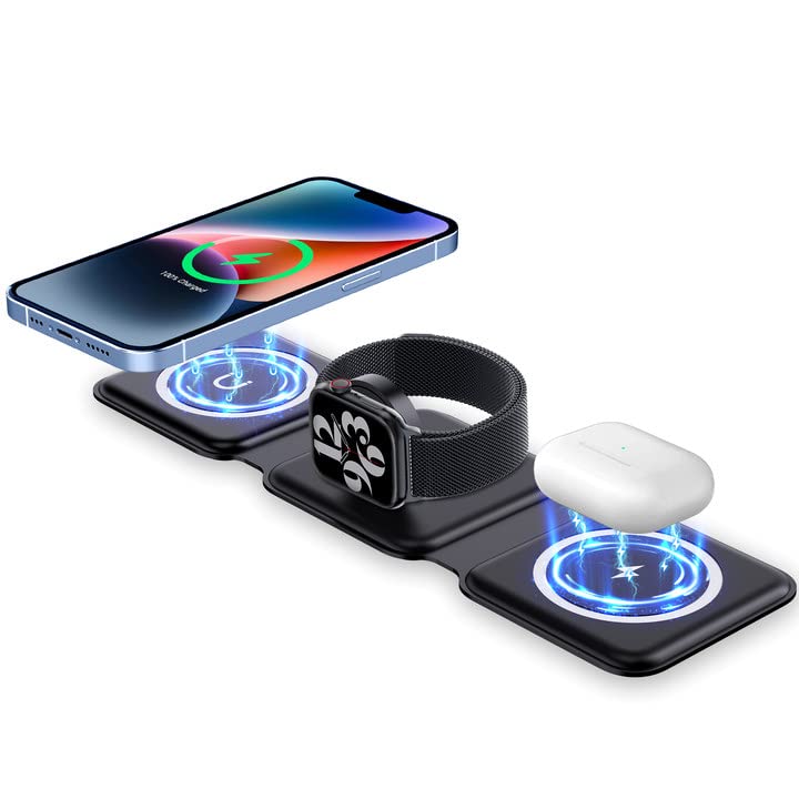 Volantech Wireless Charger,3 in 1 Foldable Magnetic Wireless Charging Station,Fast Wireless Charging Pad for iPhone 14/13/12/11/Pro/Max/XS/XR/XS/X, iWatch 7/6/5/4/3/2,Airpods Pro/3/2 and Others