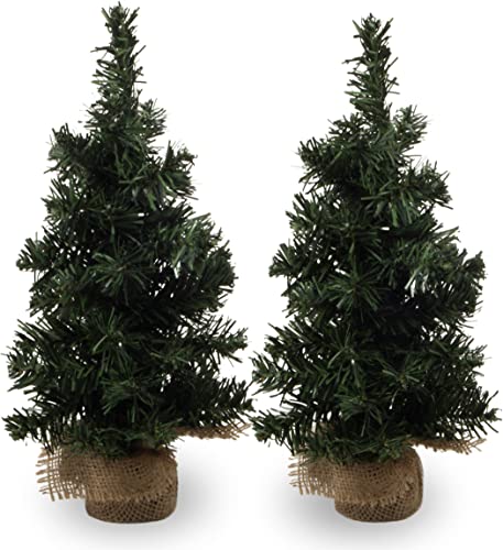 2Pack Mini Christmas Tree Table Top Decorations- Artificial Small Pine Trees with Burlap Base on...