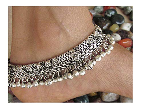 Anklet Bracelet Pair 10 inches Long | Vintage Style Womens Fashion Ankle Feet Jewelry | Boho Beach Wedding Barefoot Sandals | Jingle Bell Charm | Indian Ethnic Payal Oxidized German Silver Anklets by IndiaStop