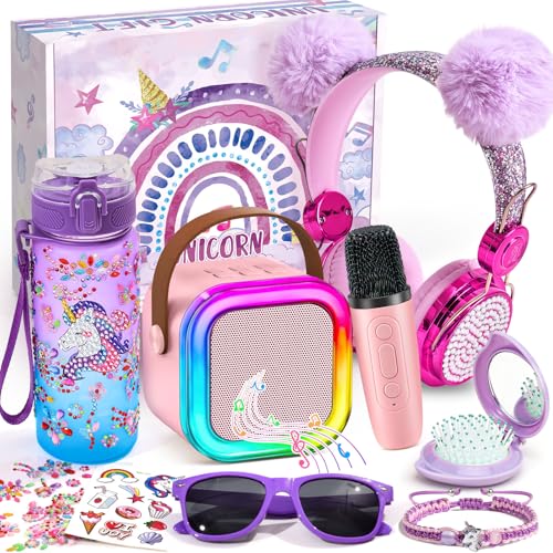 G.C Licorne Cadeau Fille 5 6 7 8-12 Ans, Micro Karaoke Enfants avec LED & Micro sans Fil & Filaire Casque & Bouteille & Lunettes de Soleil, Anniversaire Cadeau...