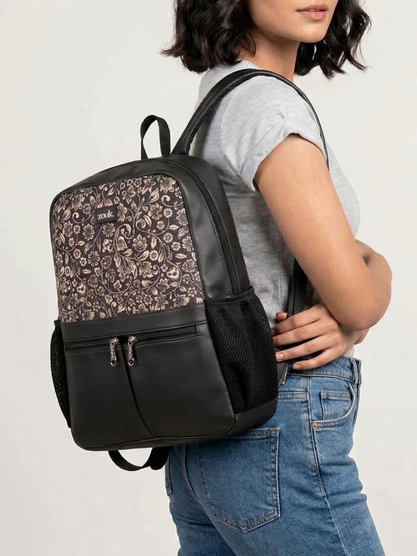 Image of ZOUK Women's Office Backpack | Vegan Leather & Handicraft Fabric | PeTA Approved | 15.6 Inch Laptop Compartment | Dual Zipper Pockets | Water Resistant | Trolley Passthrough | 17.5L