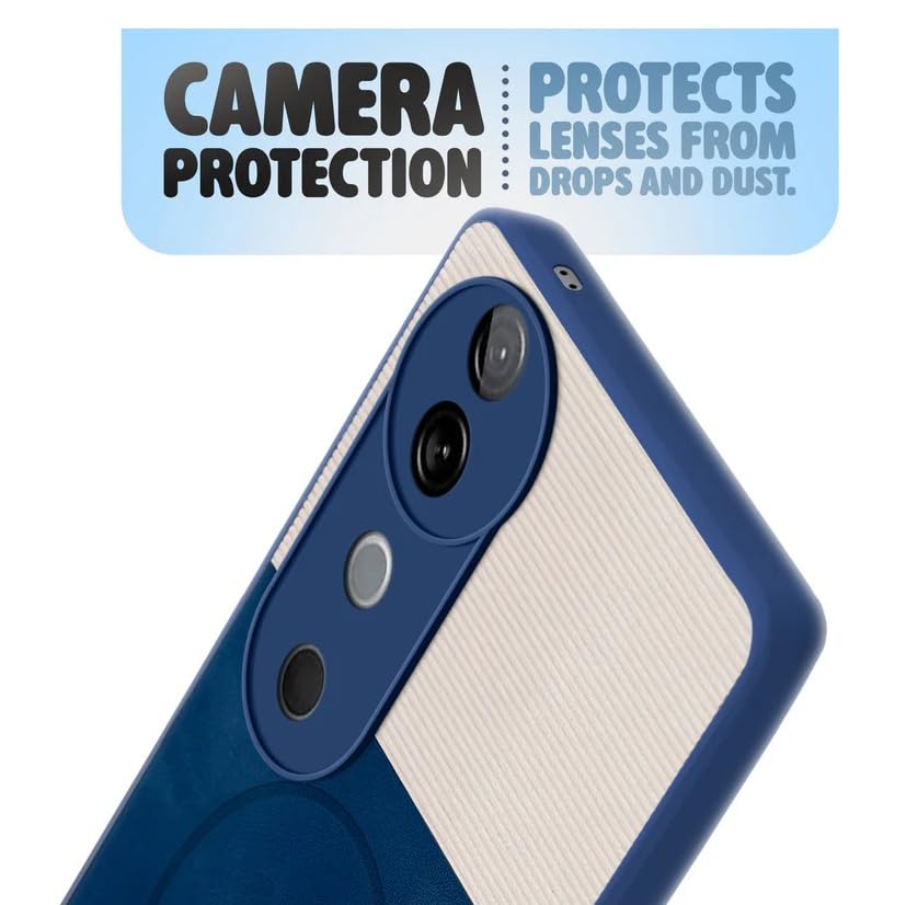 Image of Bintage CASE Mac Safe Design Hard Light Weight Back Case | Soft Border Camera Protect | Dual PU Leather Finish Back Cover Compatible for Vivo V40 5G / V40 PRO 5G - White & Blue