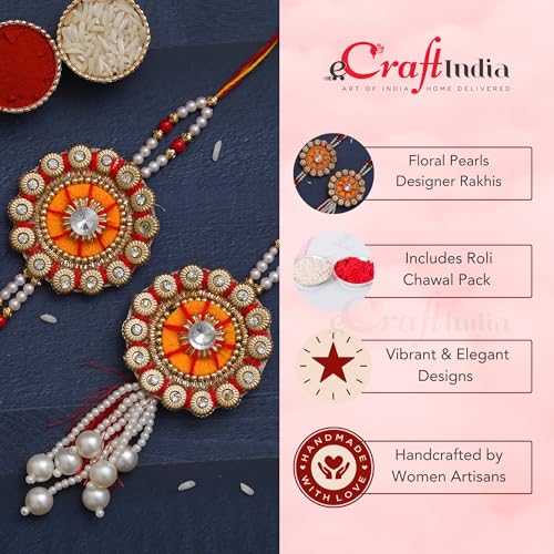 Image of eCraftIndia Pearls Designer Bhaiya Bhabhi Rakhi Set with Roli Chawal Pack | Rakhis for Brother Bhaiya Bhai