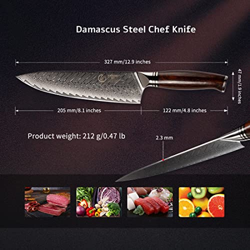 YARENH Damascus Chef Knife 8 Inch with Sheath, Professional Kitchen Knife, 73 Layers Damascus High Carbon Steel, Full Tang Sandalwood Handle, FYW Series - Image 3