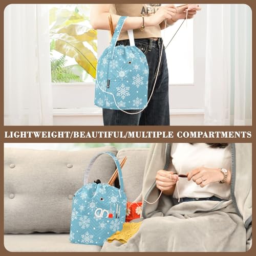 Image of Winter Snowflake Blue Crochet Yarn Bag with Handle Portable Knitting Project Bags Travel Yarn Storage Organizer Holder Case Women Men Gifts