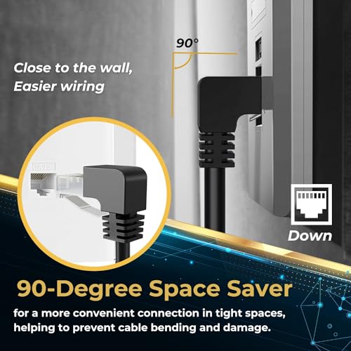 TNP Cat6 Ethernet Cable (Right Angle Down, 3 FT) - RJ45 90 Degree Network Connector 500 MHz 10 Gigabit Gold Plated Patch Plug Wire LAN Cord for PS4 Fire-Stick Xbox One Smart TV Gaming & Computer