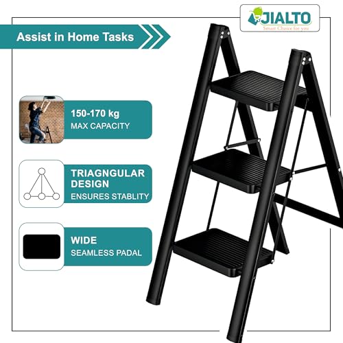 Image of JIALTO 3 Step Metal Ladder for Home, Foldable Lightweight Stepping Stool with Wide Pedals, Anti Slip Heavy Duty 150 Kg Capacity, Portable for Kitchen, Office & Library (Matte Black)