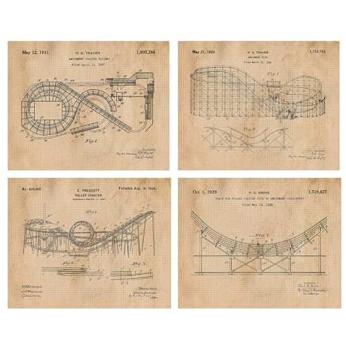 Product Image of the Classic Roller Coaster Patent Prints, 4 (8x10) Unframed Photos, Wall Art Decor Gift for Home Office Work Garage Gears Shop School Student Teacher Coach Amusement Theme Park Ride Thrill Seeker Fans