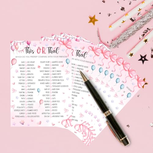 Image of Pink Slumber Party Games Card -Sleepover Stuff- Coquette Pink Bow Themed Sleepover Slumber Party Supplies- Birthday Night Games Creative Idea -This or That- 20 Game Cards