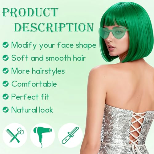 Image of 2 Pack Green Short Bob Wig with Bangs for Women, Girls Neon Bobs Colorful Party Wigs with Heart Sunglasses for St. Patrick's Day Green Themed Party Nightclubs Bachelorette Party Fancy Dress
