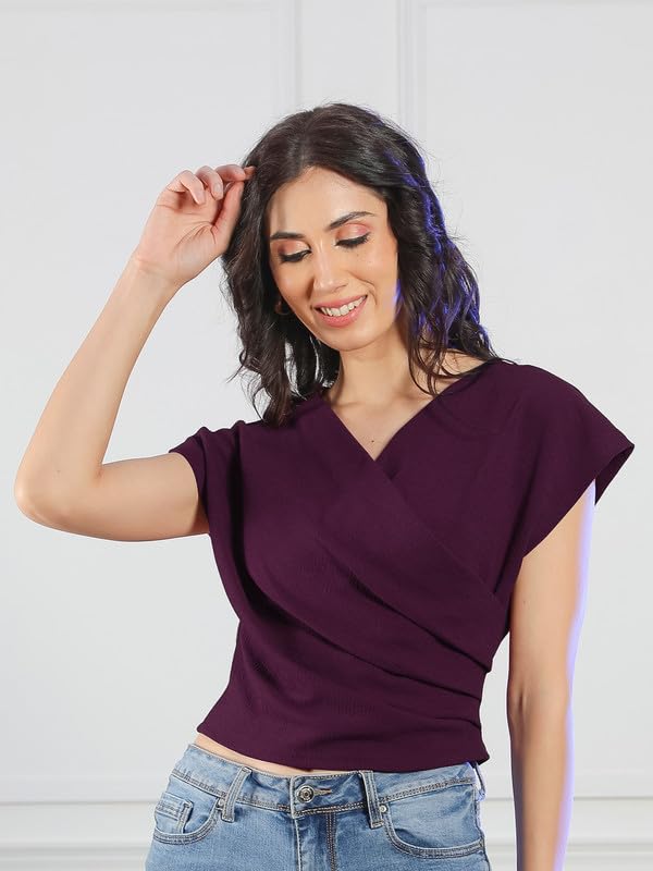 Image of NEUDIS Women Polyester Knit Solid Fitted Overlap Top