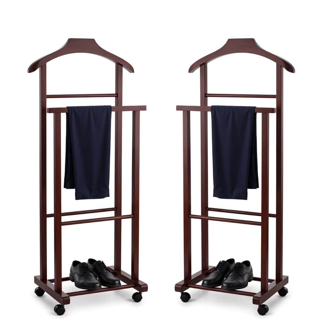 Juego de 2 percheros para dormitorio, color nogal, madera de haya natural, servo mudo doble con 4 ruedas, fabricado en Italia (2 unidades)